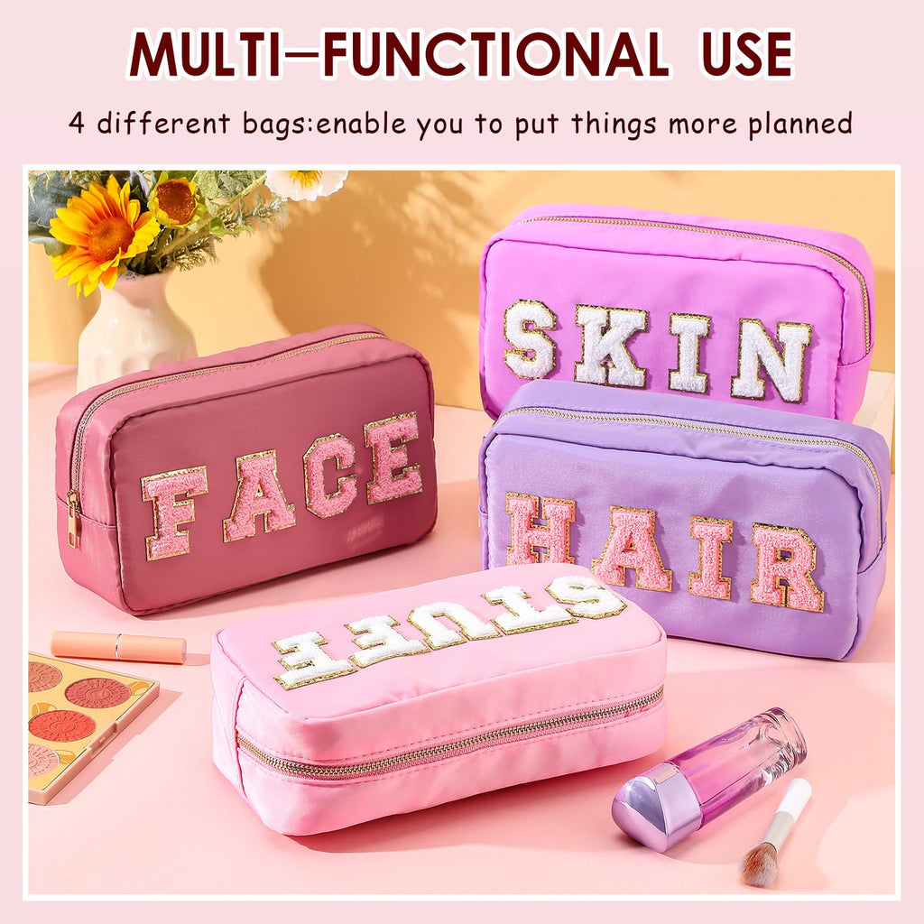 Remerry 4 Pcs Makeup Bag Travel Cosmetic Bag Organization Chenille Letter Toiletries Stuff Pouch Preppy Waterproof Bag Gift for