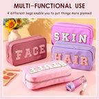 Remerry 4 Pcs Makeup Bag Travel Cosmetic Bag Organization Chenille Letter Toiletries Stuff Pouch Preppy Waterproof Bag Gift for