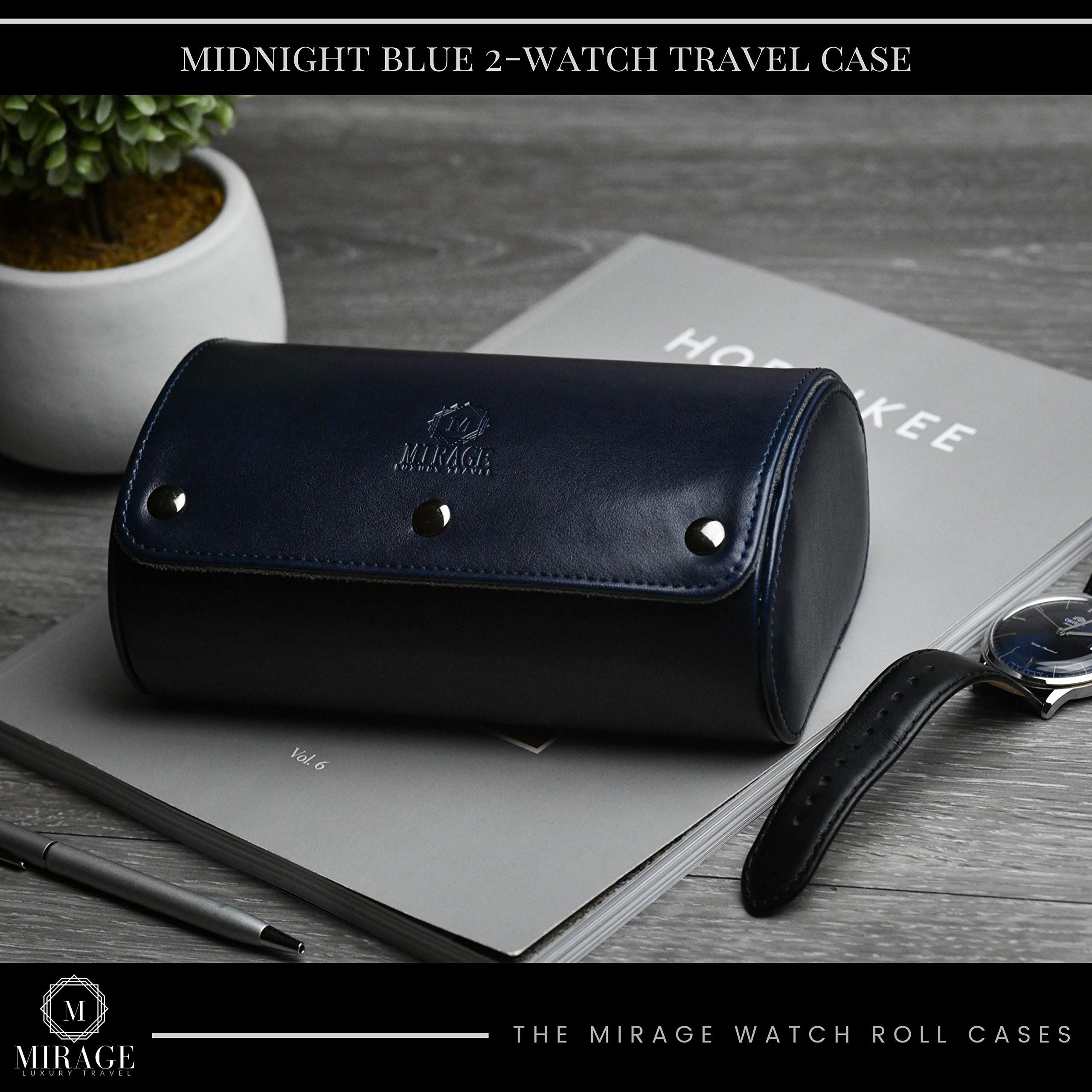 2 Watch Case Travel Organizer - Mirage Watch Rolls for Men - Midnight Blue