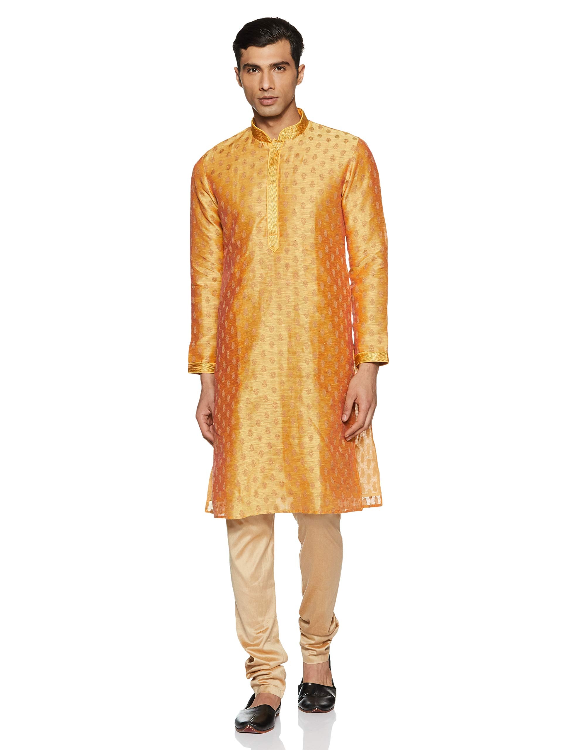 Manyavar MenS Art Silk Kurta Pyjama (S952809_Yellow_L)