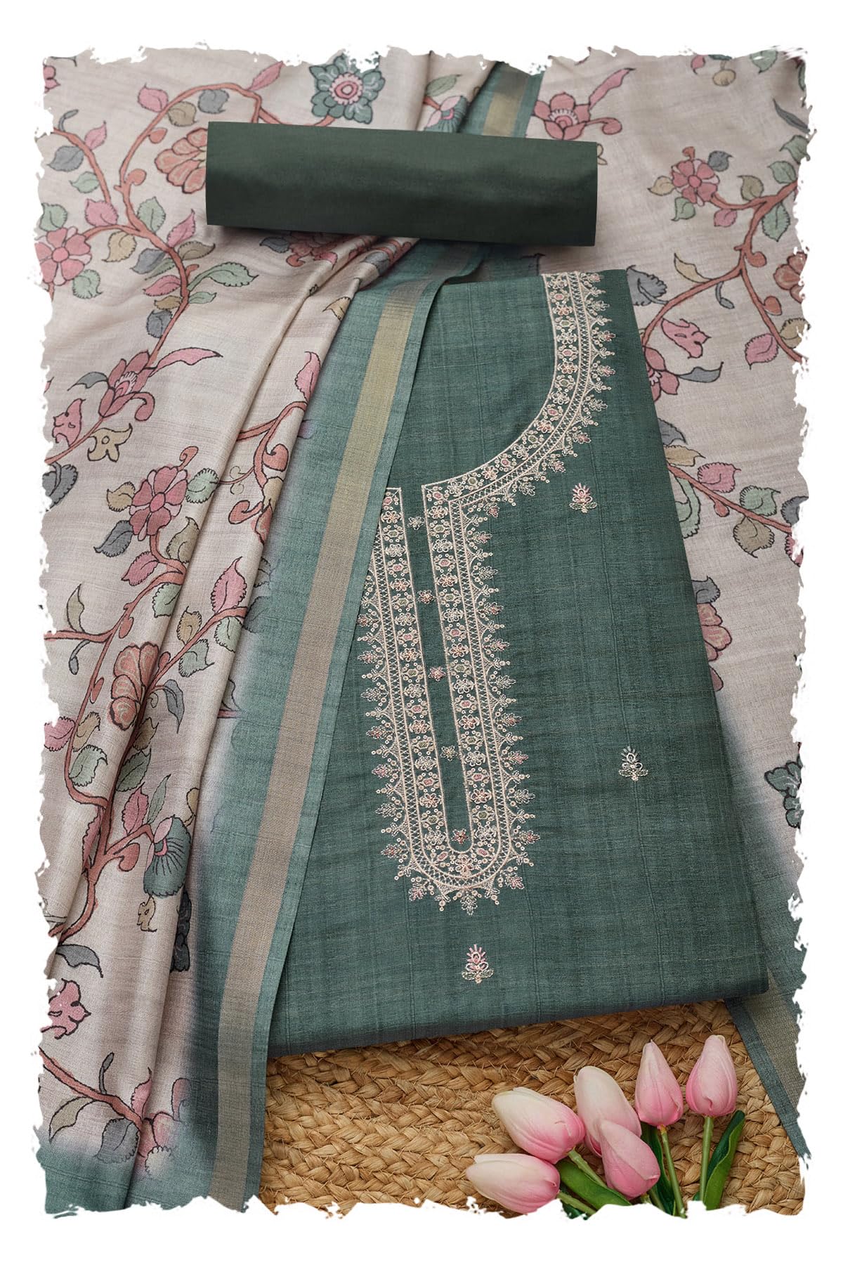 Soch Women Jute Tussar Embroidered Unstitched Dress Material with Thread Work