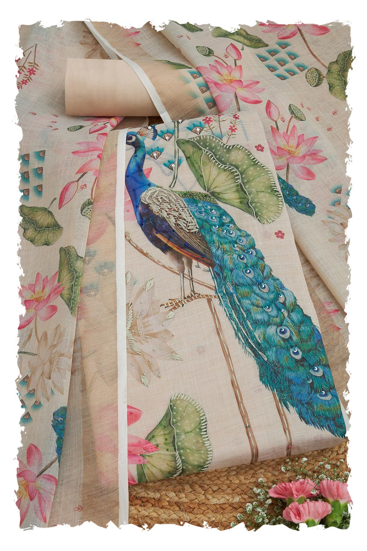 Soch Women Linen Shimmer Botanical Print Unstitch Dress Material with Sequins
