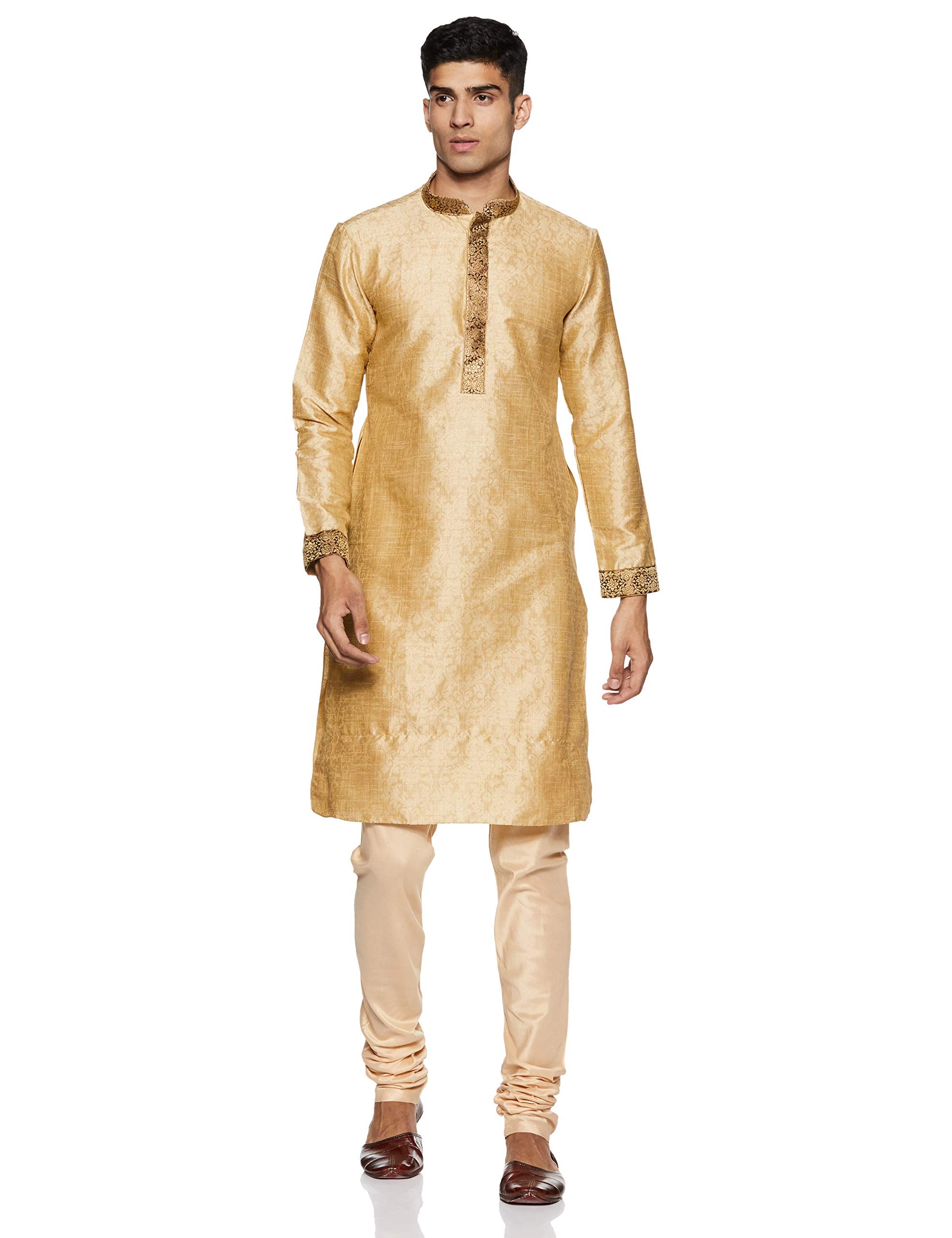 Manyavar MenS Cotton Self Design Regular Kurta And Churidar Set (S952195_Beige_L)