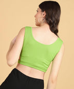 POPWINGS Women Casual Lime Green Self Design Rib Deep V Neck Sleeveless Cutout Crop Top