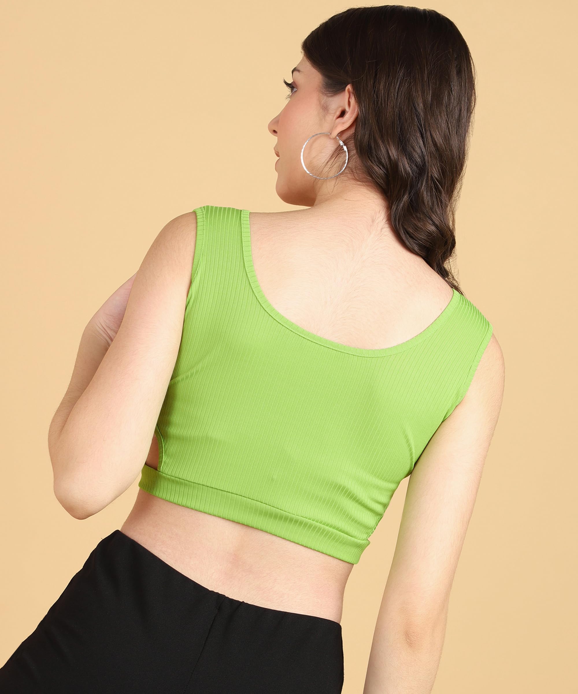 POPWINGS Women Casual Lime Green Self Design Rib Deep V Neck Sleeveless Cutout Crop Top