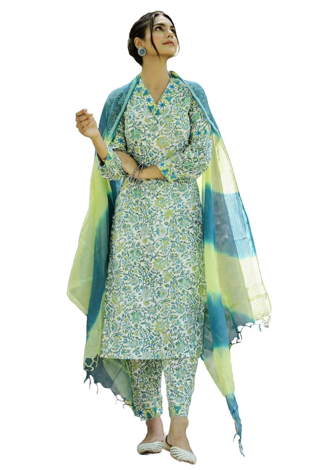 ANNI DESIGNER Ladies Rayon Blend Dupatta Kurta Trousers, green, XXL