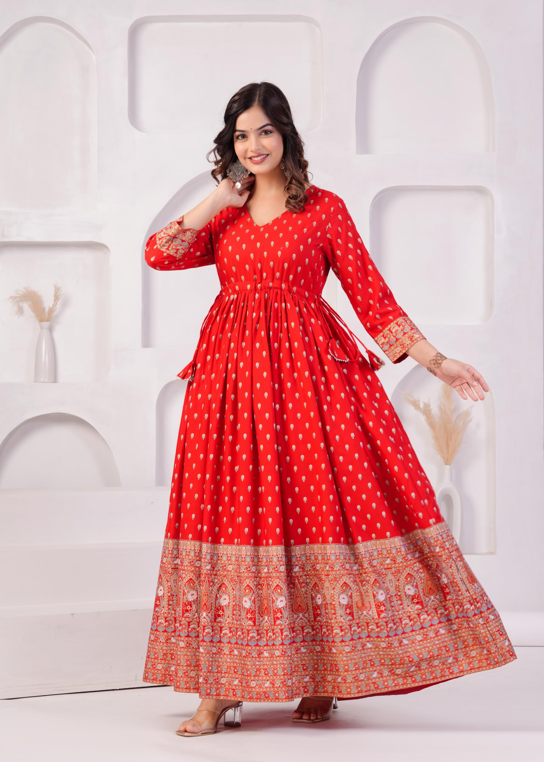 Digital Shopee Gold Printed Rayon Ethnic Gown (Red)