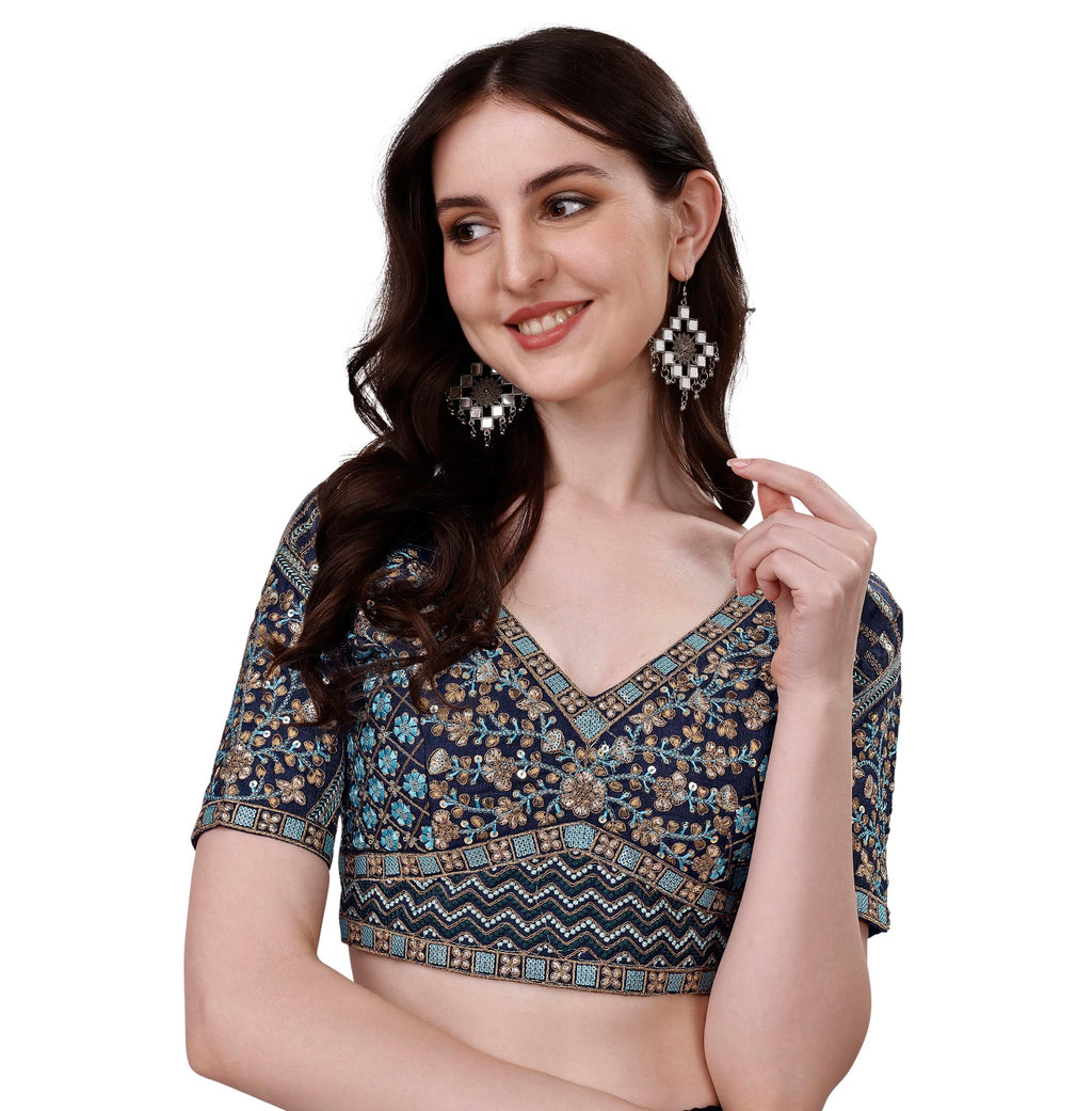 Pujia Mills Mills WomenS Fancy Readymade Heavy Coding Embroidary Worked Half Sleeve Multicolor Saree Blouse(Mushroom) (Navy Blu