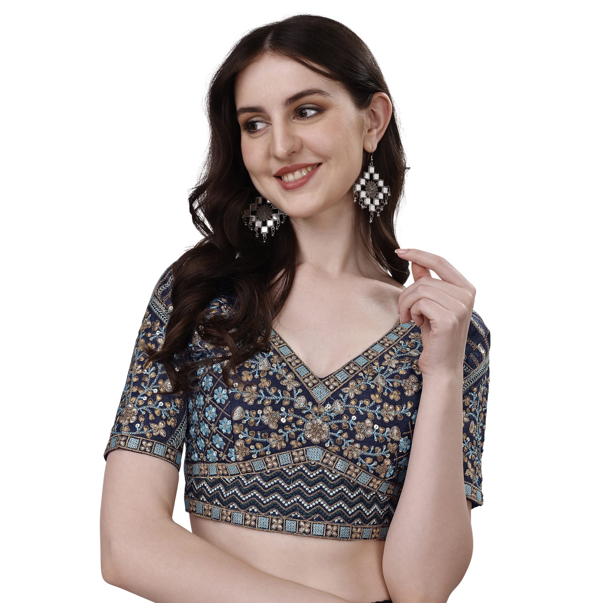 Pujia Mills Mills WomenS Fancy Readymade Heavy Coding Embroidary Worked Half Sleeve Multicolor Saree Blouse(Mushroom) (Navy Blu