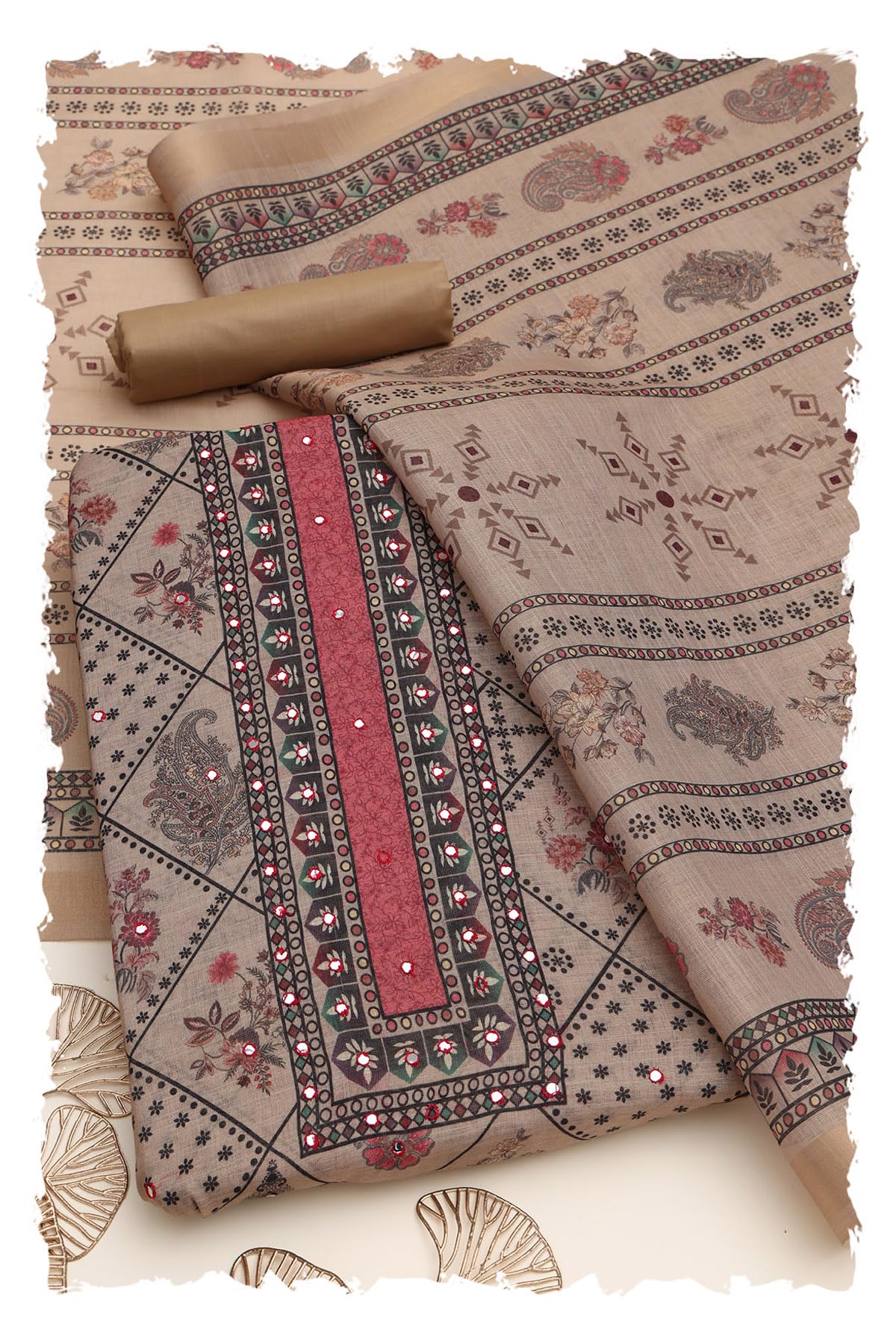 Soch Women Linen Shimmer Paisley Print Dress Material with Faux Mirror