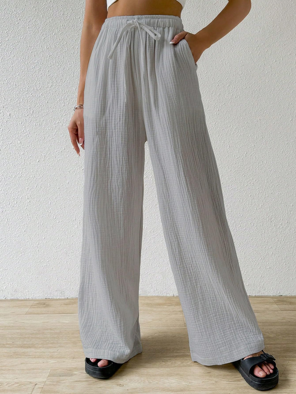Shasmi Womens Light Grey Loose Wide-Leg Pants with Textured Wrinkled Fabric and Drawstring Waist Long Trousers (Pant 157 Light