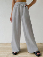 Shasmi Womens Light Grey Loose Wide-Leg Pants with Textured Wrinkled Fabric and Drawstring Waist Long Trousers (Pant 157 Light