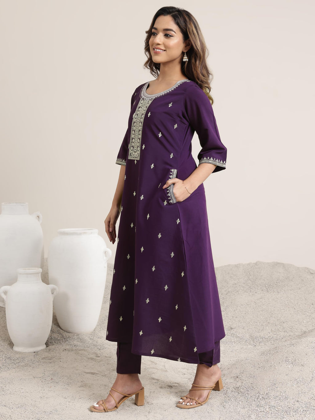 Libas Gerua Womens Embroidered Silk Blend A-Line Kurta With Trousers And Dupatta