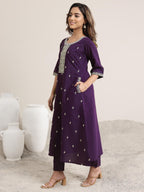 Libas Gerua Womens Embroidered Silk Blend A-Line Kurta With Trousers And Dupatta