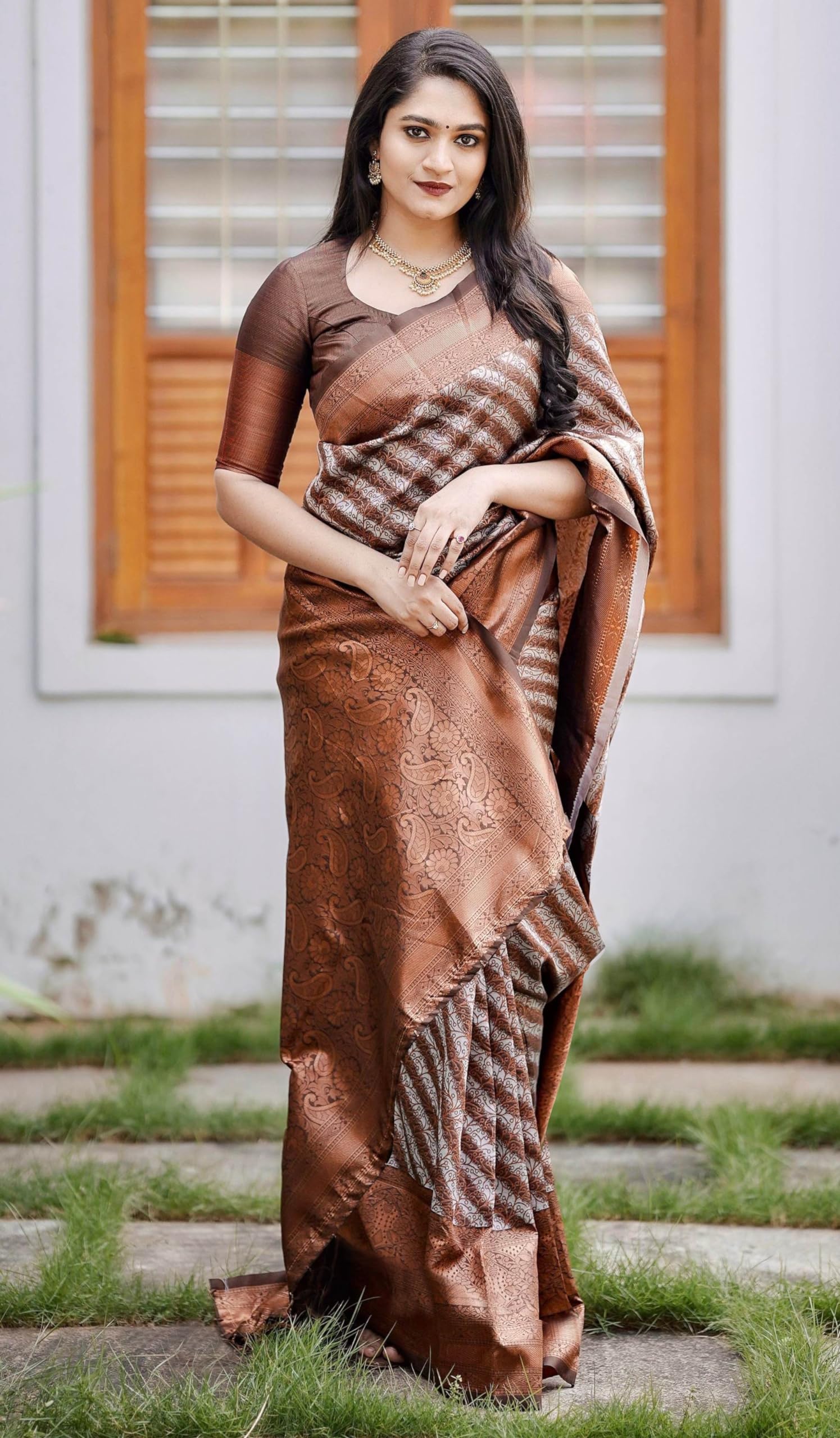 Sugathari Brown Womens Kanchipuram Art Silk Saree With Blouse Piece
