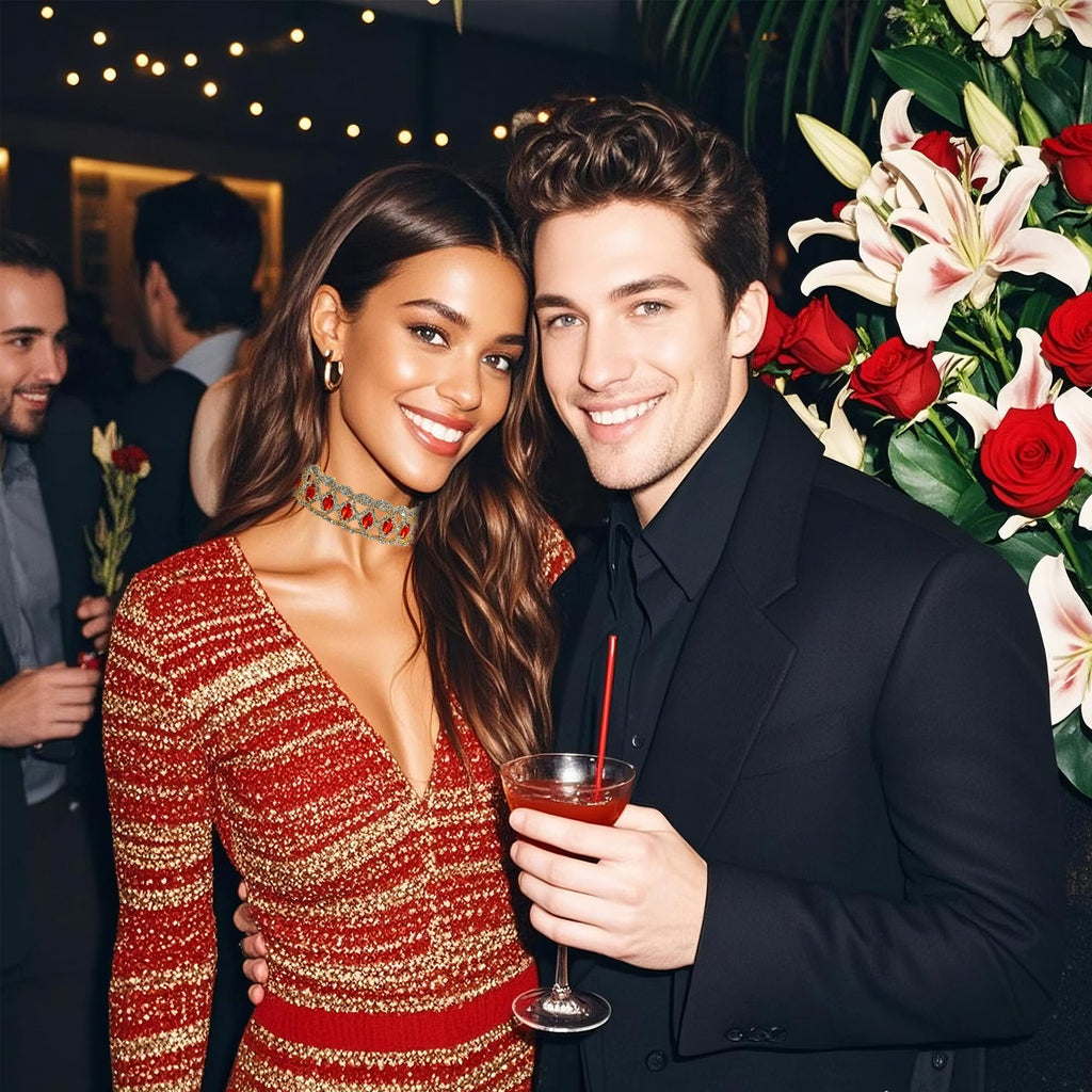 NABROJ Choker Necklace Halloween Jewelry for Women,Gold Chunky Diamond Red Rhinestone Ruby Choker Necklace Wide Necklaces Weedin