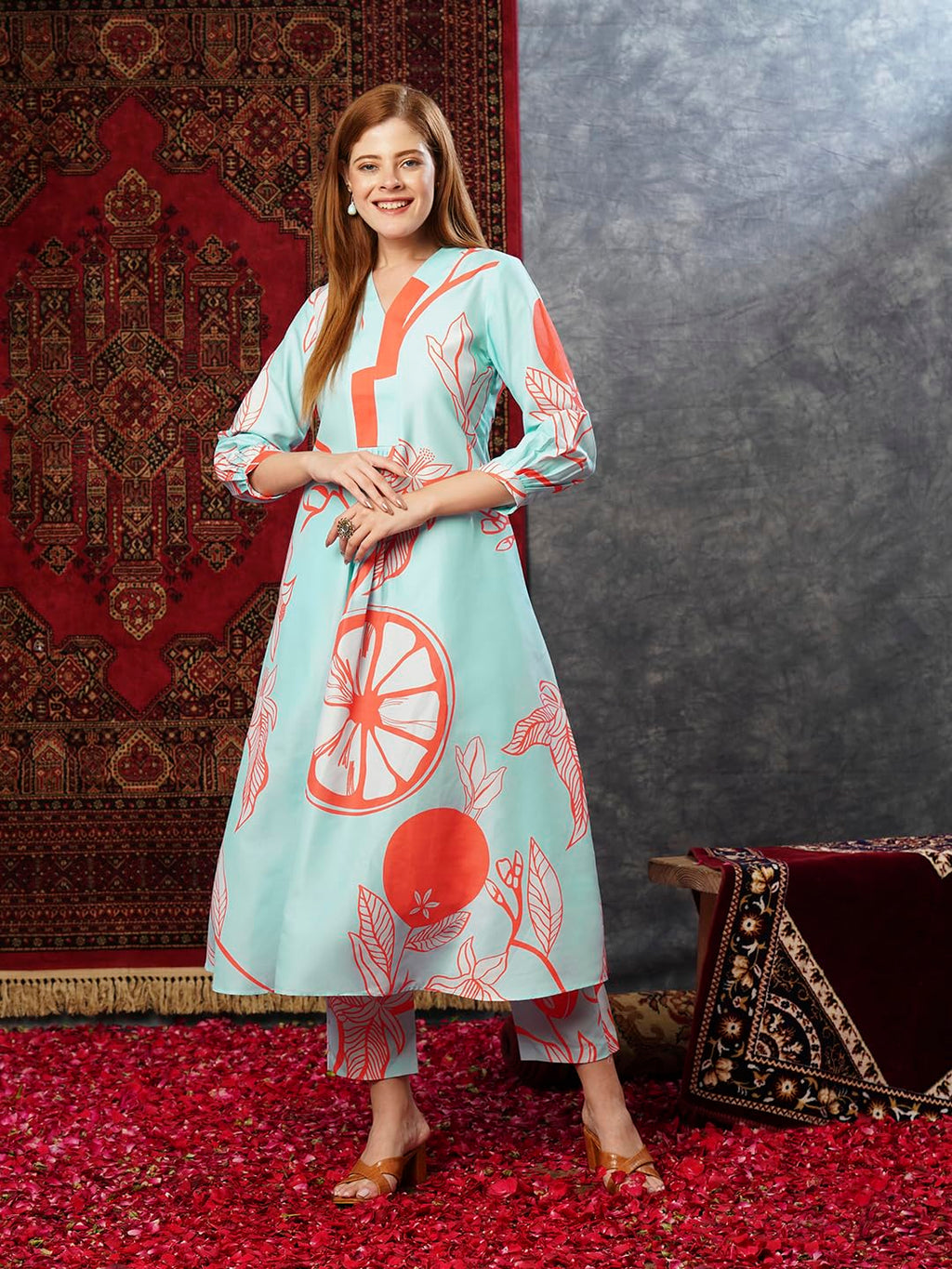 ANNI DESIGNER Ladies Cotton Blend Printed Kurta With Co-Ord Pants Set, Orange, XL