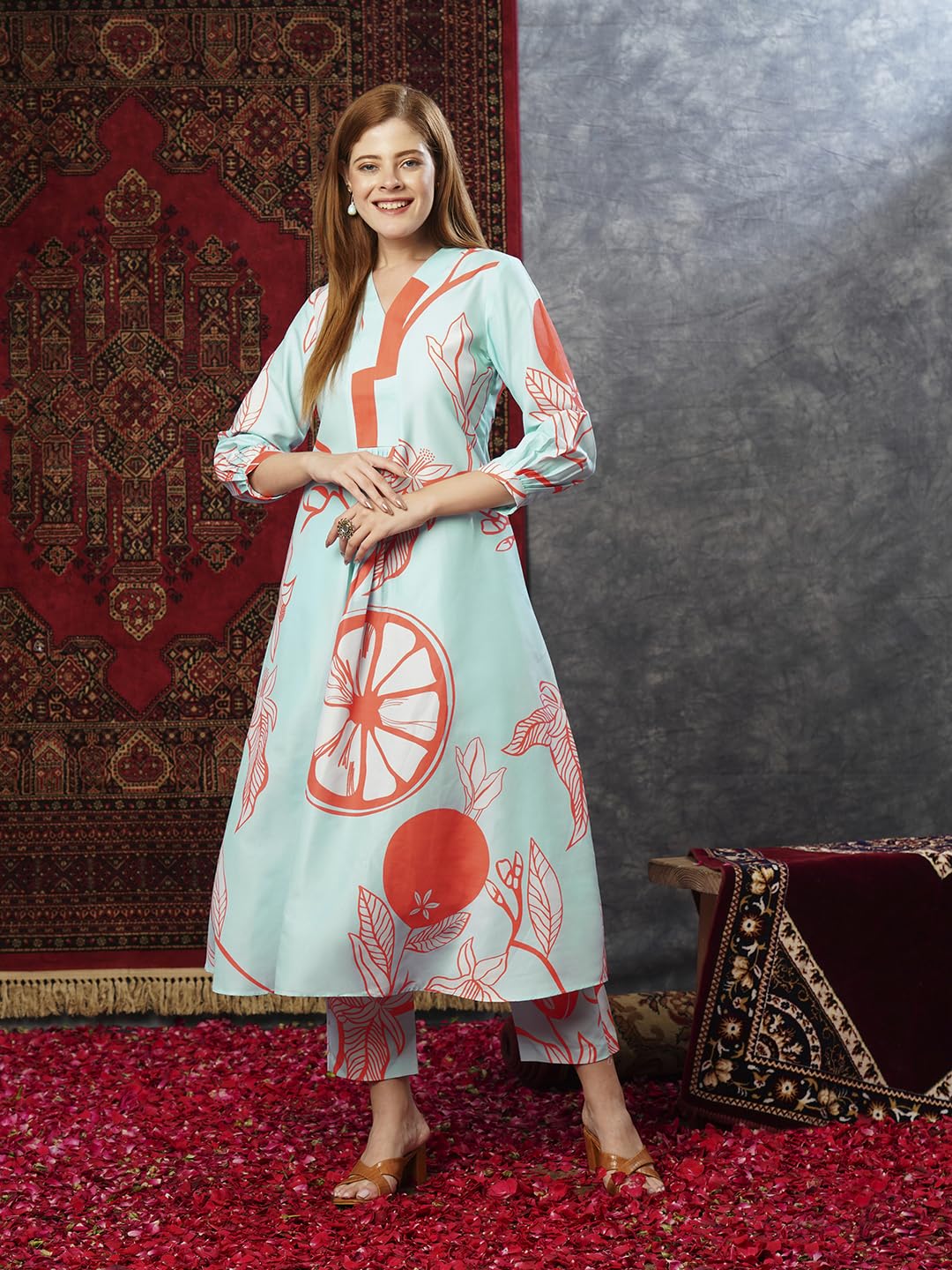 ANNI DESIGNER Ladies Cotton Blend Printed Kurta With Co-Ord Pants Set, Orange, XL