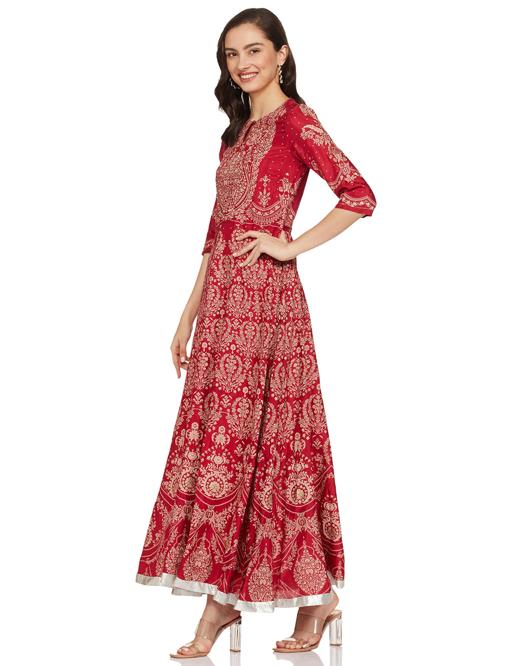 W For Woman Dark Red Ethnic Motif Khadi Sequin Maxi Dress