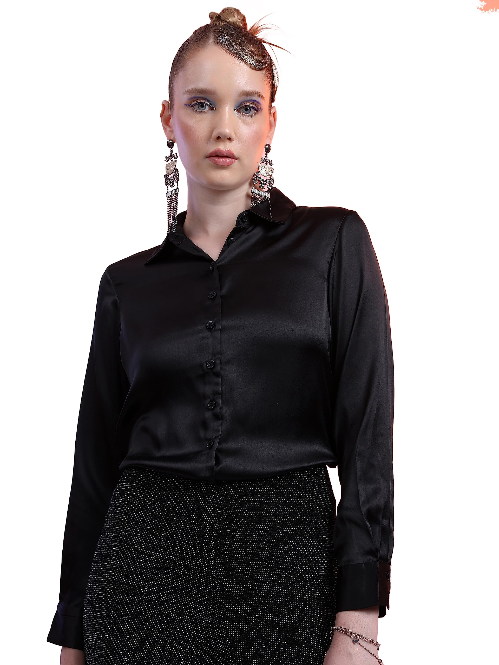 Ketch Women Polyester Regular Fit Shirt (Khsh001446_Black L)