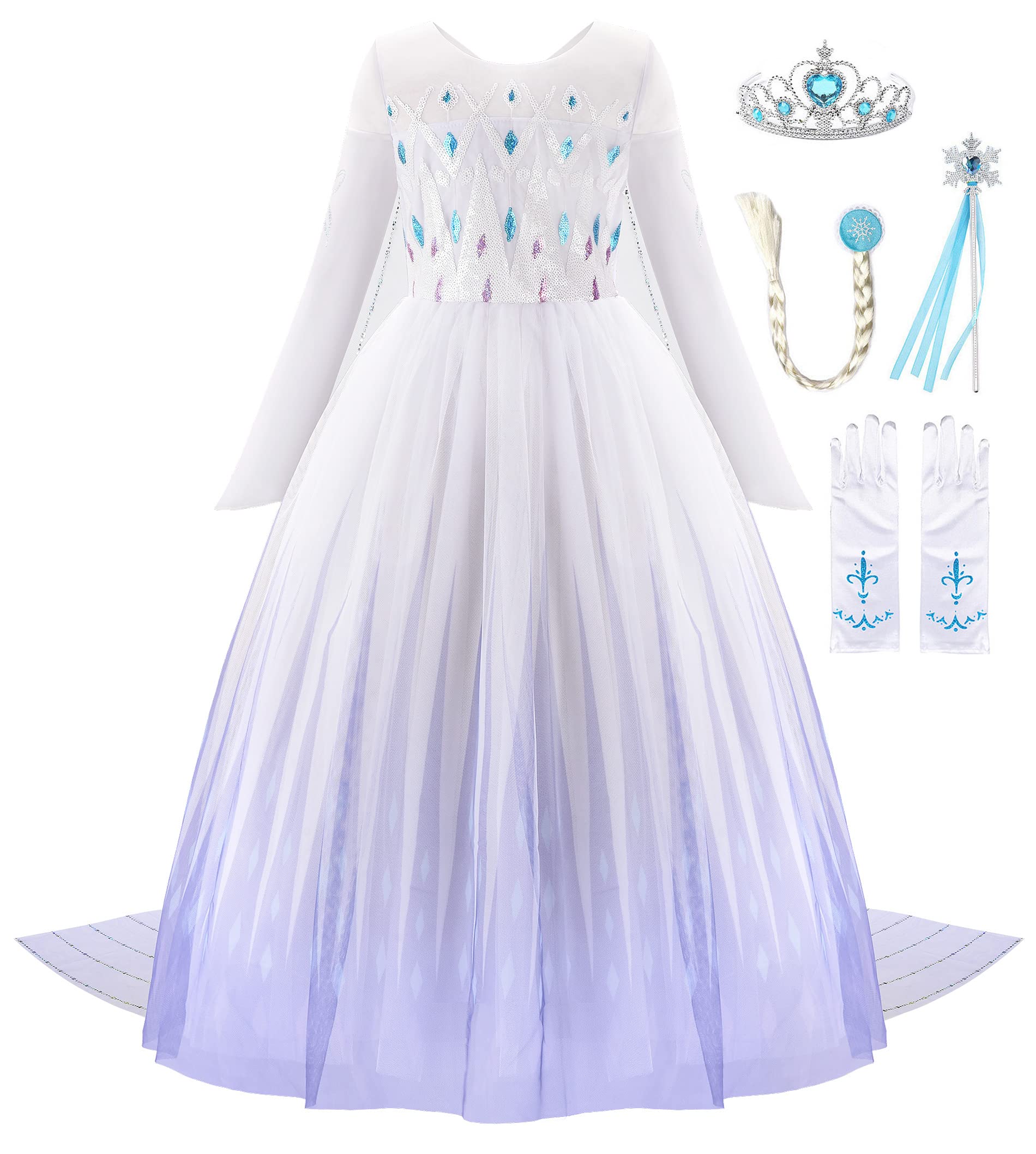 JerrisApparel Girl Princess Costume Snow Party Dress Halloween Cosplay Dress up (8, White with Accessories)