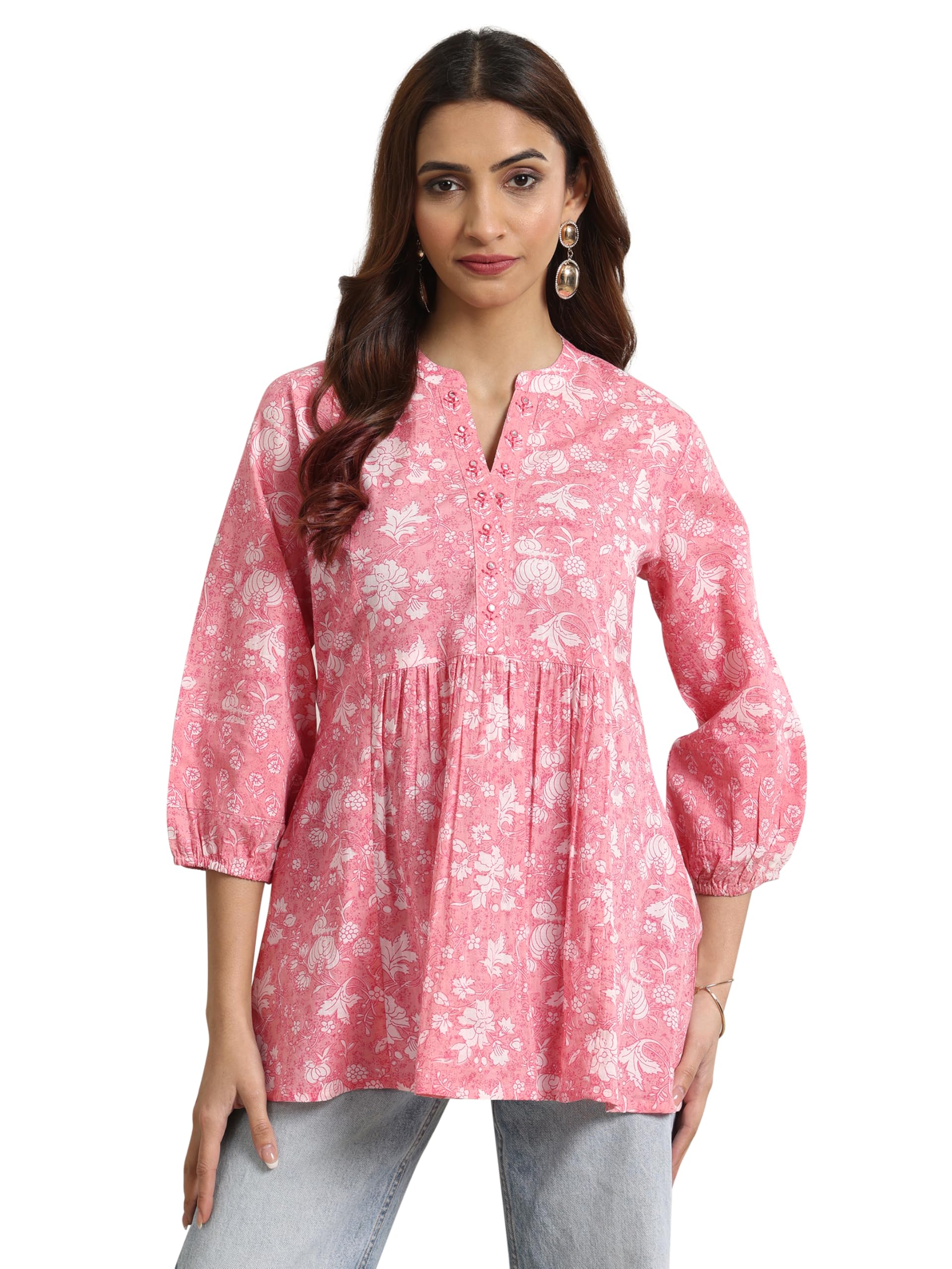 Libas WomenS Cotton Floral Printed Anarkali Kurti (98004O_Pink_Xl)