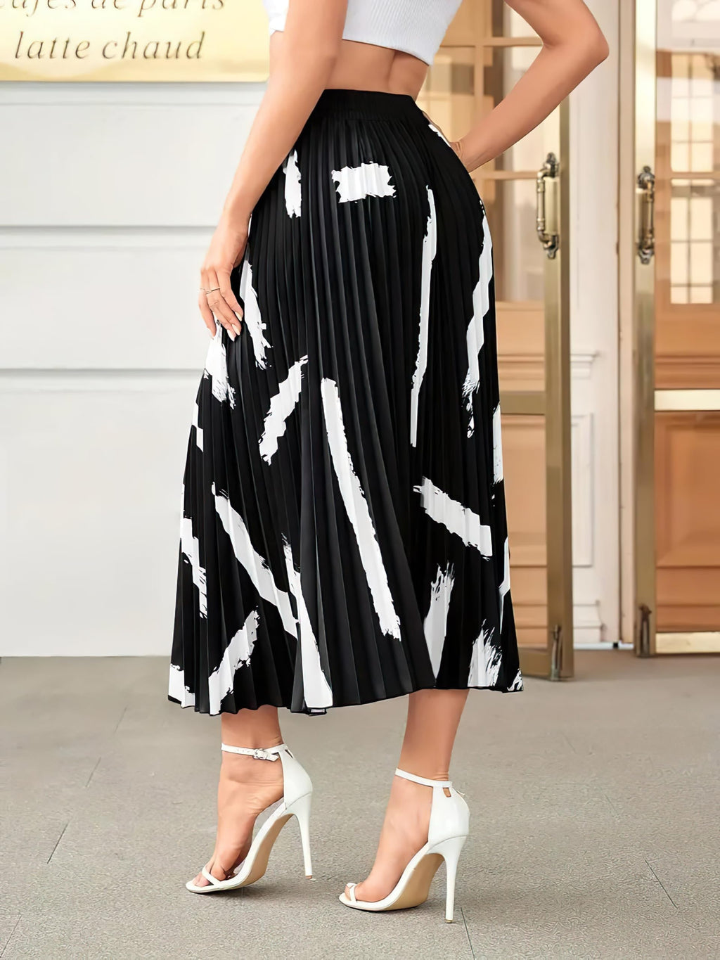 Kzully Polyester | Brush Print Pleated Skirts, Vintage Elastic Waist Midi Skirts, WomenS Clothing Black