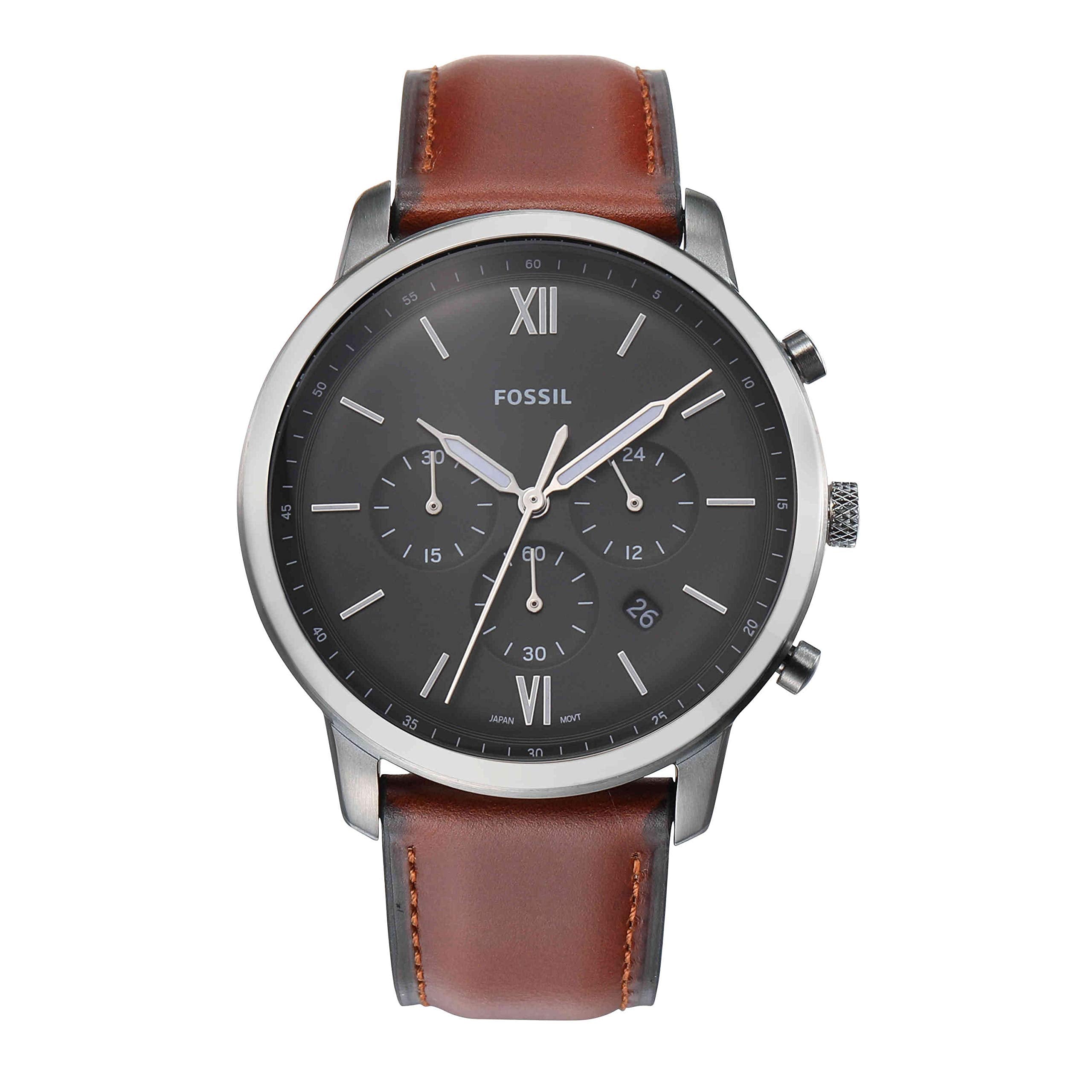 Fossil Men's Neutra Quartz Stainless Steel and Leather Chronograph Watch, Color: Smoke, Amber (Model: FS5512)