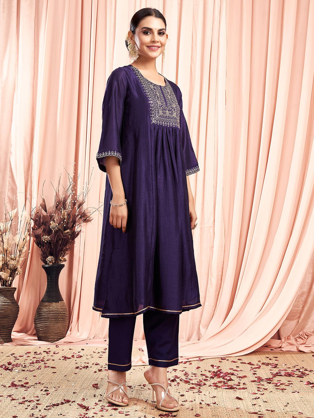 Sanisa Women'S Silk Blend Sequins Embroidery Anarkali Kurta With Pant And Dupatta Set