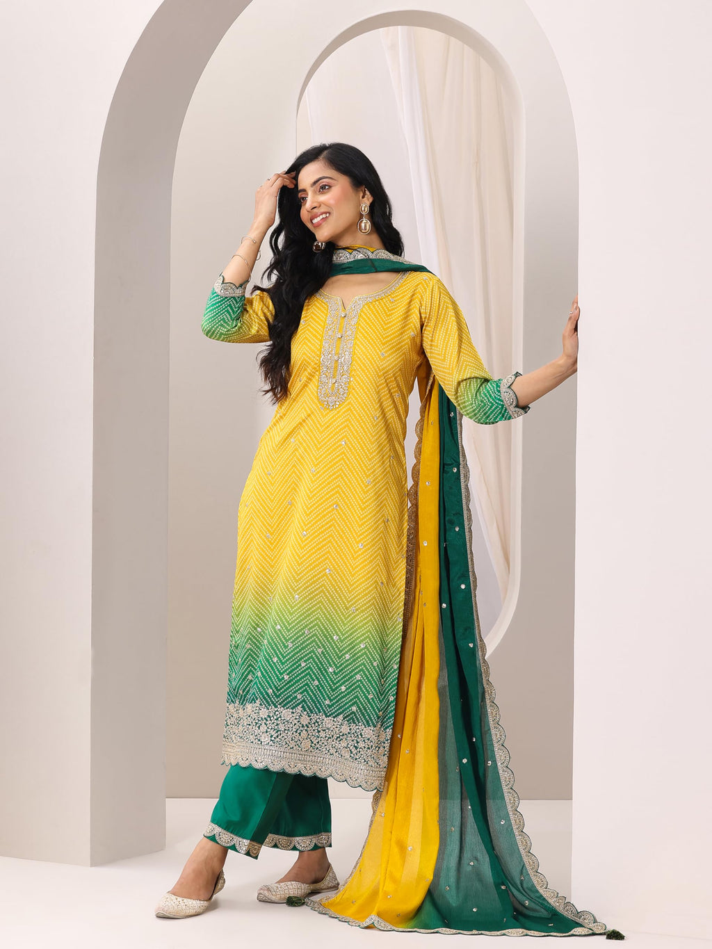 Libas Womens Printed Chinon Straight Kurta With Palazzos And Dupatta