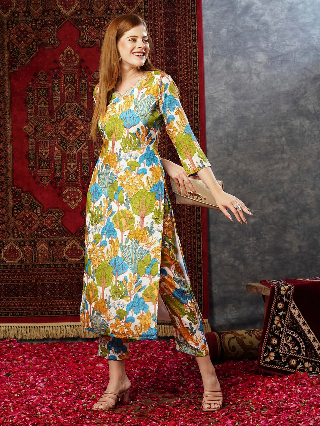 ANNI DESIGNER Womens Cotton Blend Straight Printed Kurta with Pant (Samlok Sky Blue_M_Sky Blue_Medium)
