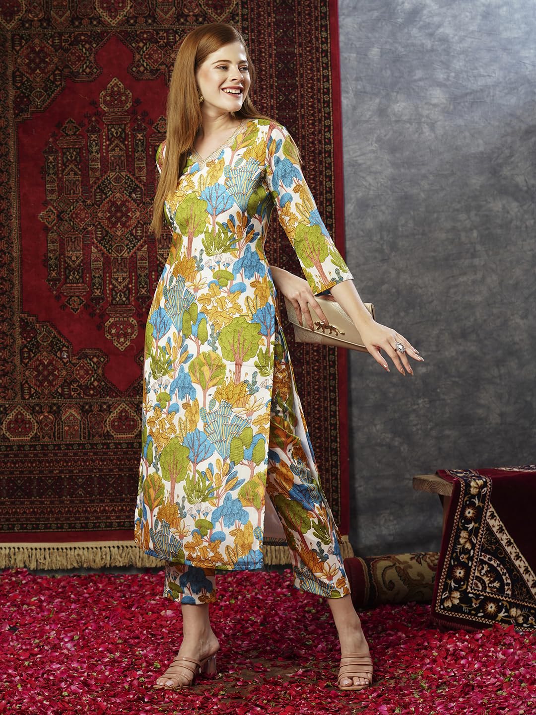 ANNI DESIGNER Womens Cotton Blend Straight Printed Kurta with Pant (Samlok Sky Blue_M_Sky Blue_Medium)