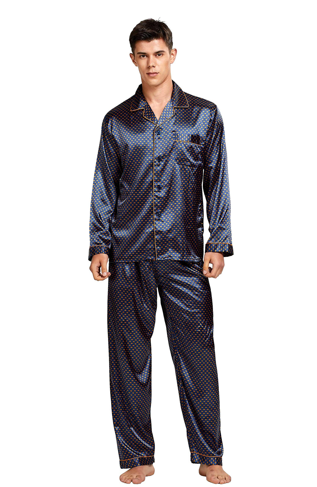 TONY AND CANDICE Men's Classic Satin Pajama Set Sleepwear (Blue/Golden, Medium)