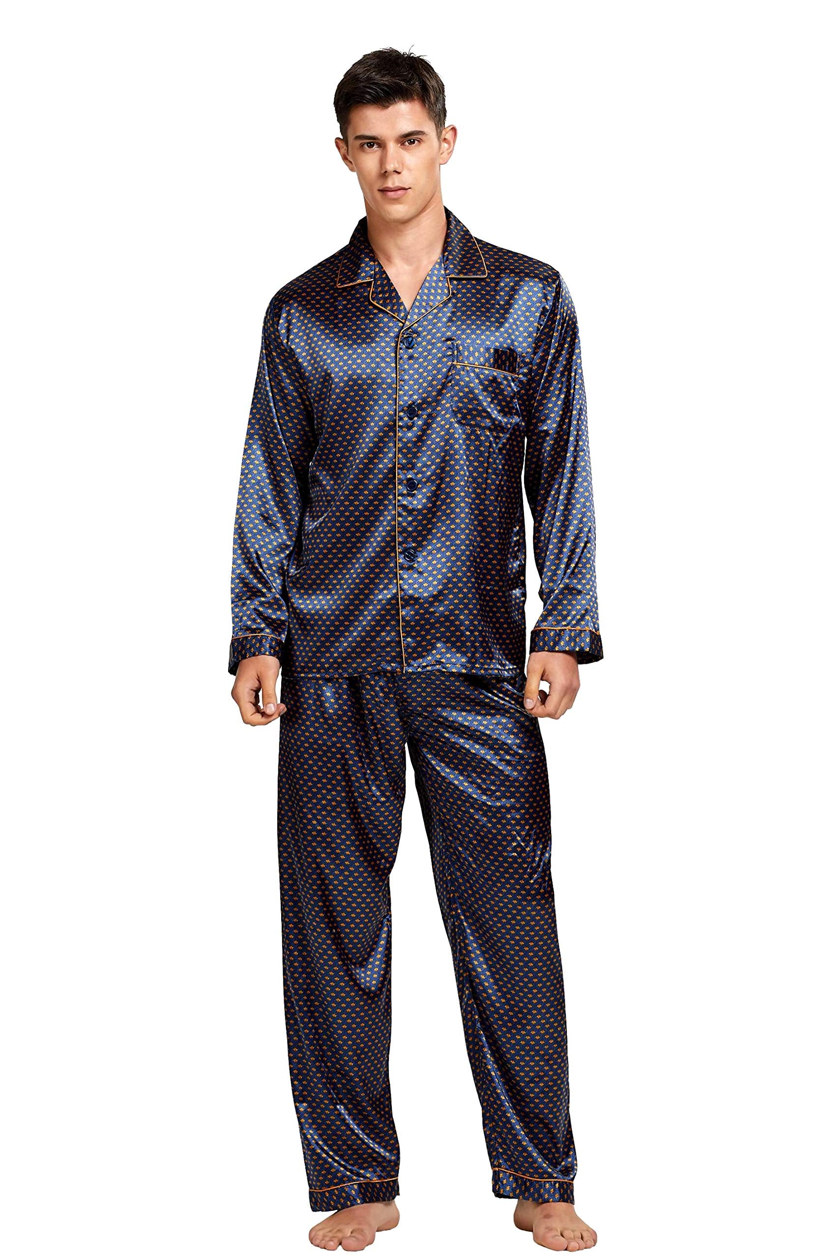 TONY AND CANDICE Men's Classic Satin Pajama Set Sleepwear (Blue/Golden, Medium)