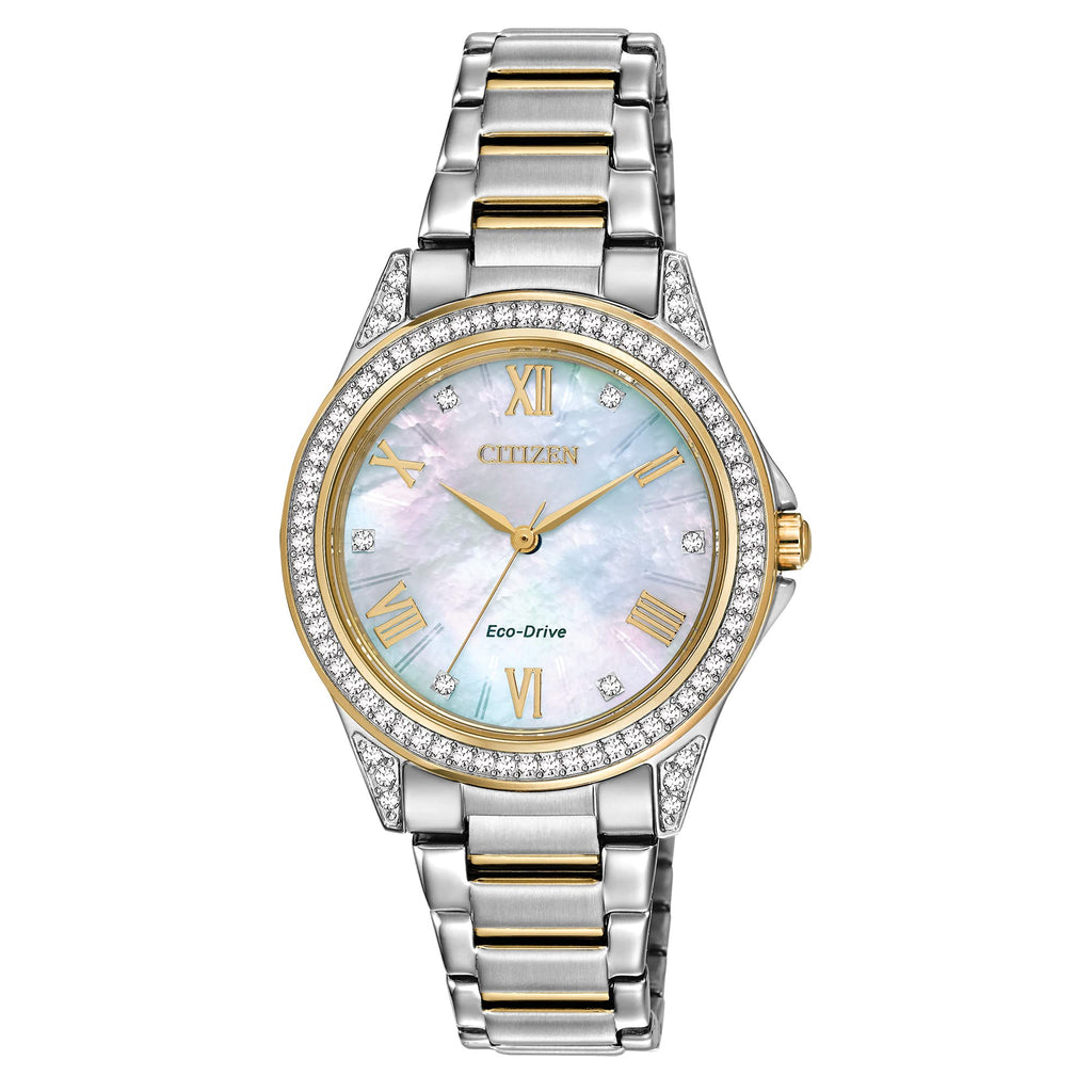 Citizen Women's Eco-Drive Dress Classic Crystal Watch in Two-tone Stainless Steel, Mother of Pearl Dial, 34mm (Model: EM0234-59D