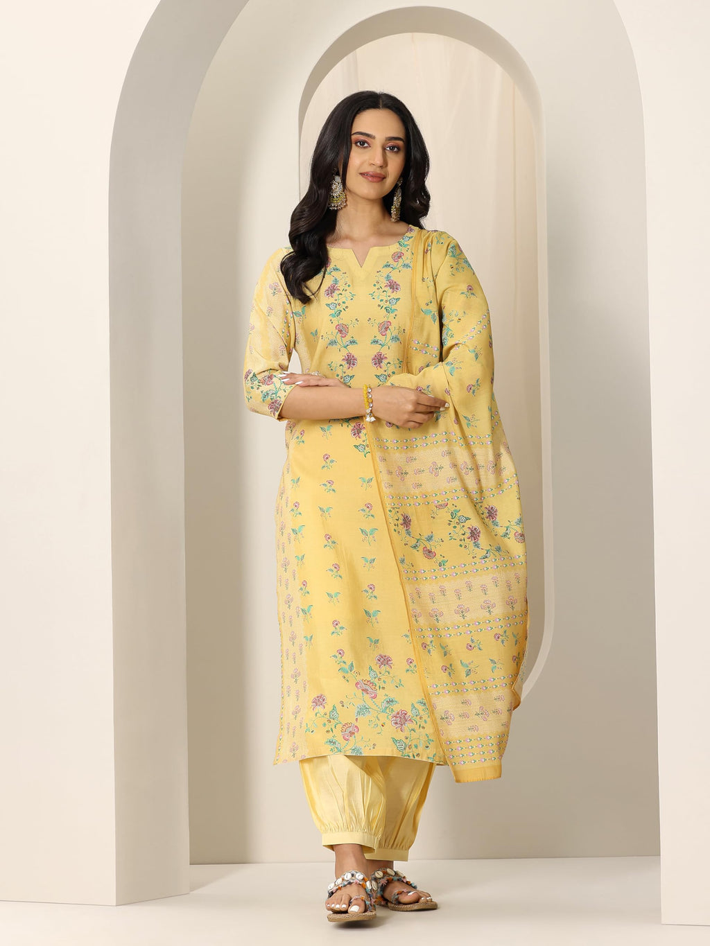 Libas Womens Printed Silk Blend Straight Kurta With Salwar And Dupatta
