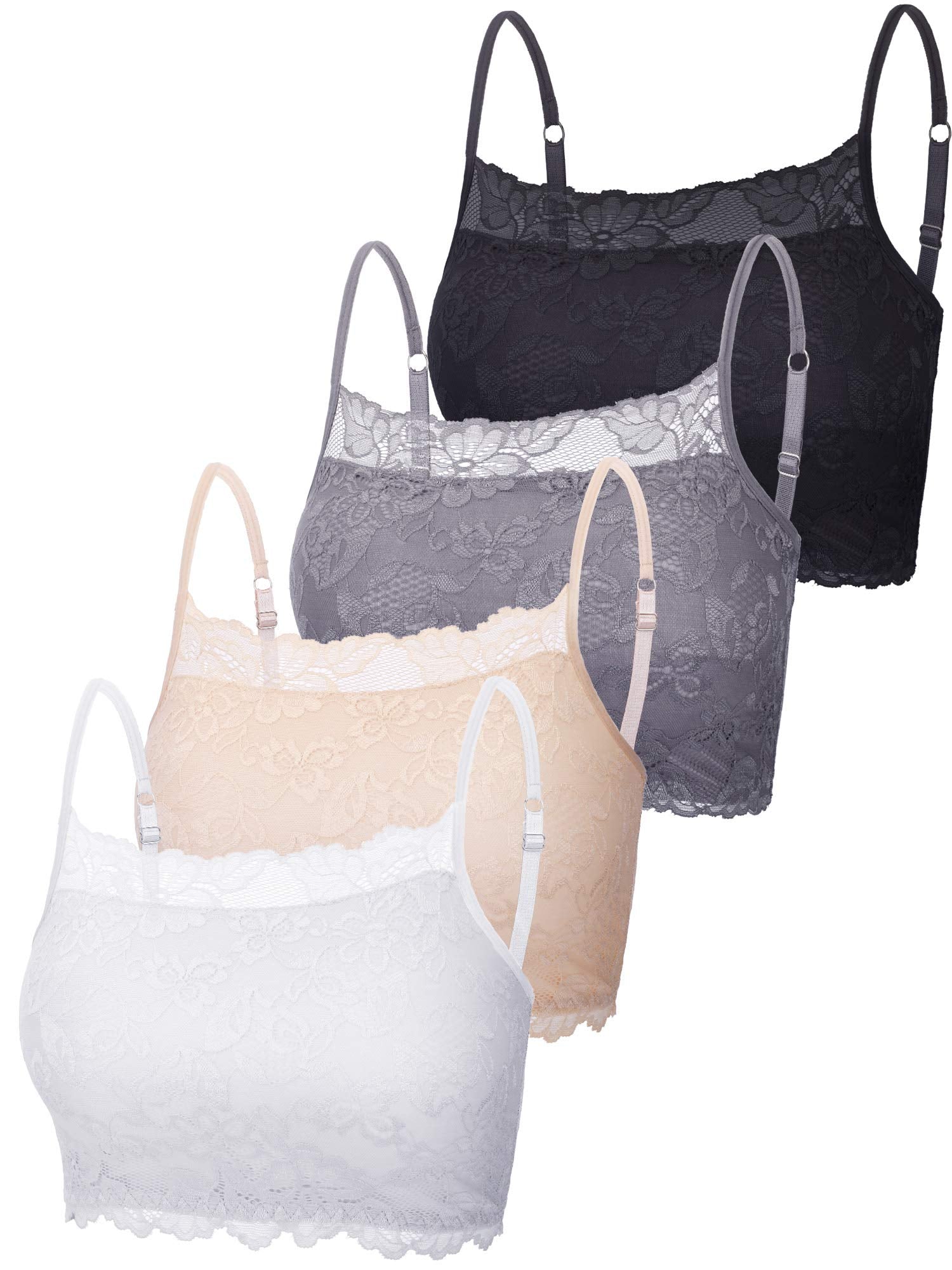 New 4 Pieces Women's Lace Cami Stretch Lace Half Cami Breathable Lace Bralette Top for Women Girls (Black, White, Beige, Grey, X