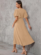 Shasmi Girls & Womens Skin Pleated Midi Dress with Flutter Sleeves | V-Neck Western Dress for Women | Elegant A-Line Summer Ou