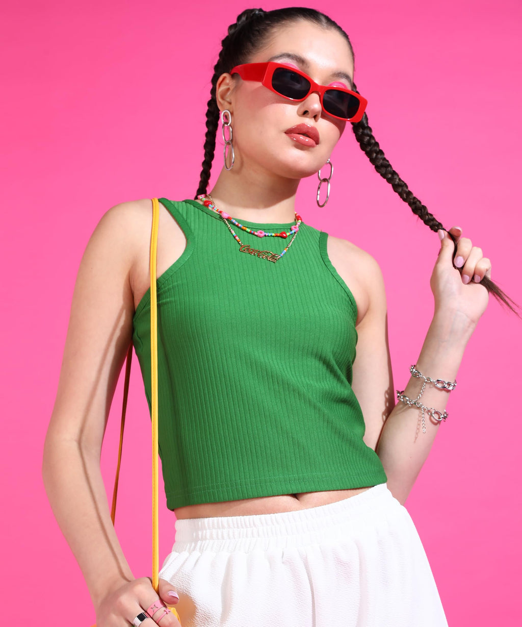 POPWINGS Women Casual Green Rib Tank Crop Top Tops for Women | Stylish Tops for Women | Trendy Tops Women
