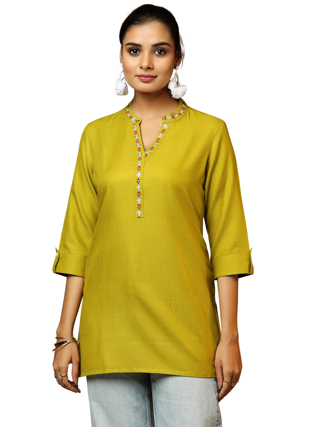 Libas Womens Solid Cotton Blend Straight Kurti For Women Green
