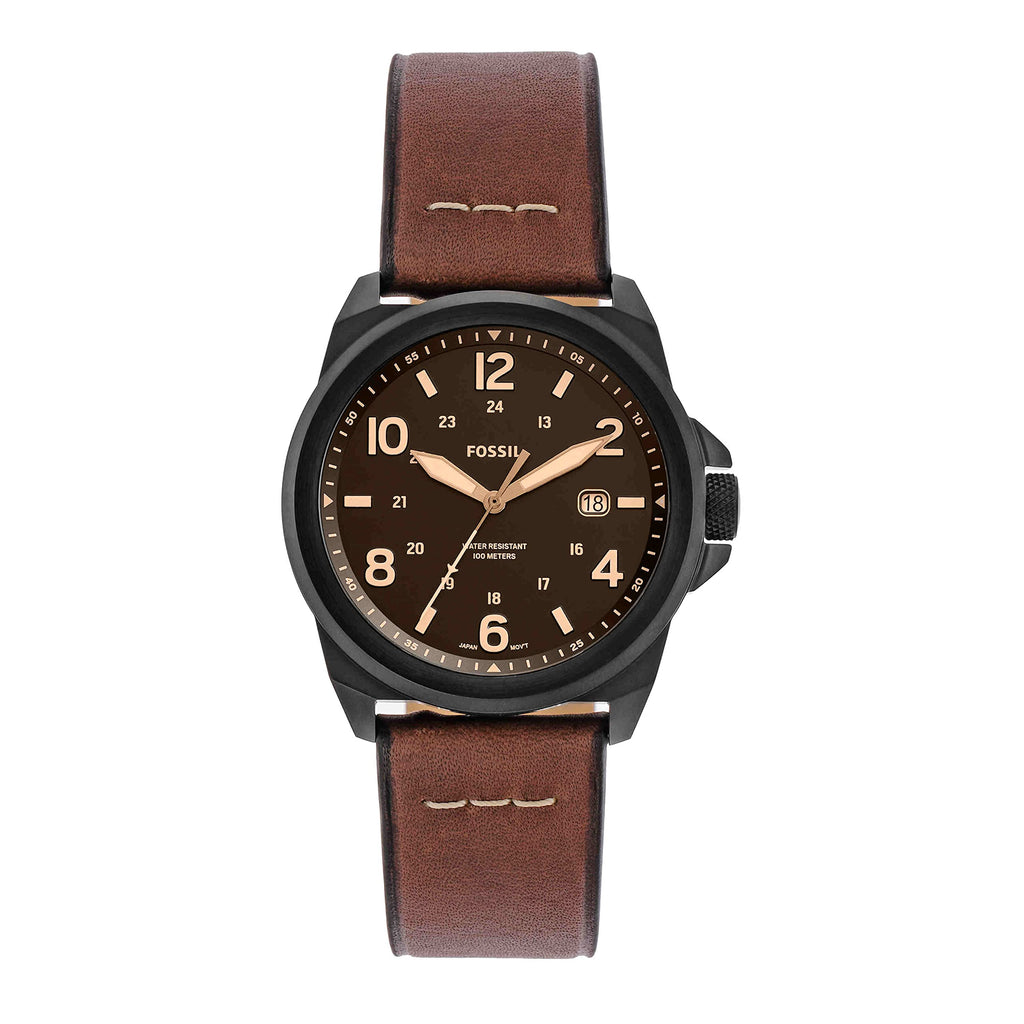 Fossil Men's Bronson Quartz Stainless Steel and Leather Three-Hand Watch, Color: Black, Dark Brown (Model: FS5938)