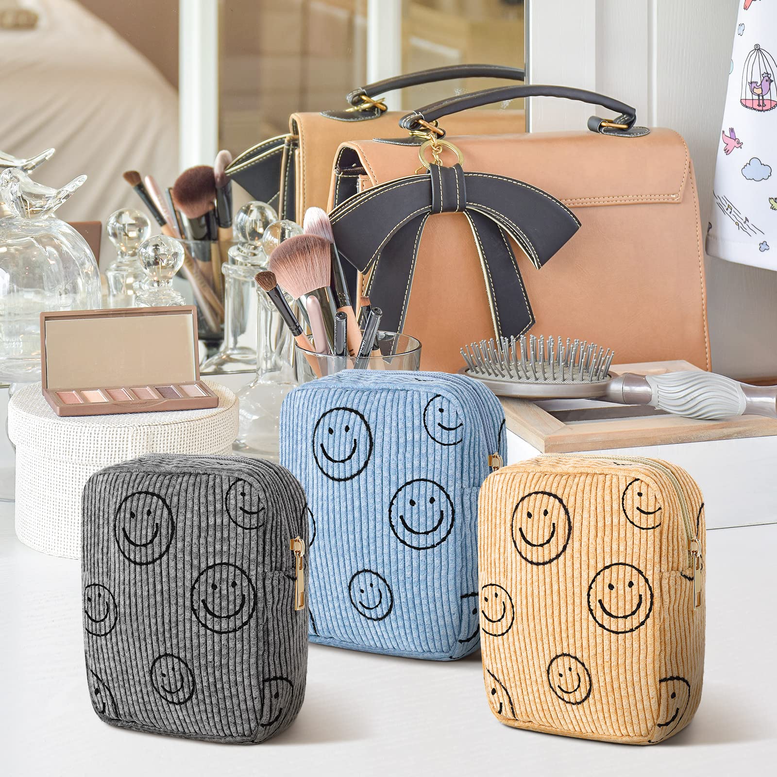 Photect 3 Pcs Corduroy Cosmetic Bag Smile Face Aesthetic Preppy Makeup Bag Corduroy Toiletry Aesthetic Pouch Travel Smile Bags