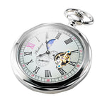 TREEWETO Mechanical Pocket Watches Silver Roman Numerals Open Face with Chain Men 24-Hour Moon Sun with Box