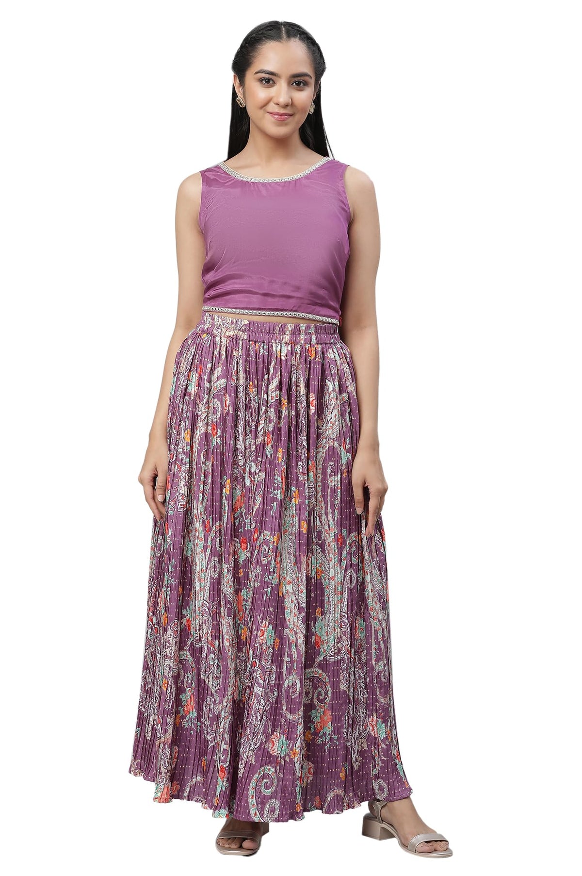 Purple Net Embellished Gilet, Crop Top and Pleated Skirt Set_23AUD10597-507126