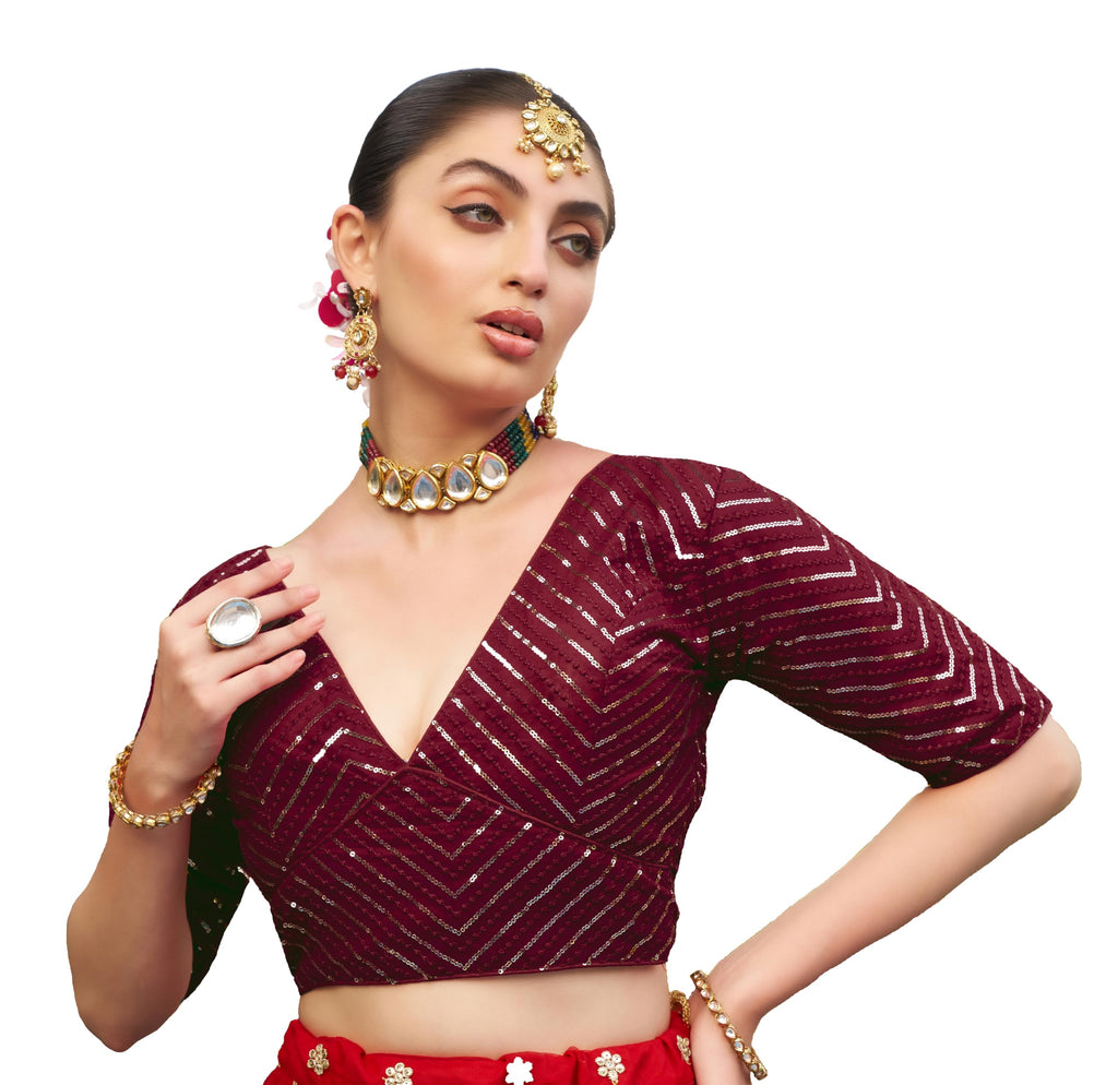 Pujia Mills Womens Fancy Readymade Half Sleeve Sequins Saree Blouse(Sequins Butti Maroon_38)