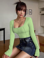 Sugathari Womens Green Solid Long Sleeve Wrap-Style Square Split Crew Neck Bodycon Women T-Shirt Spring and Summer, Minimalist