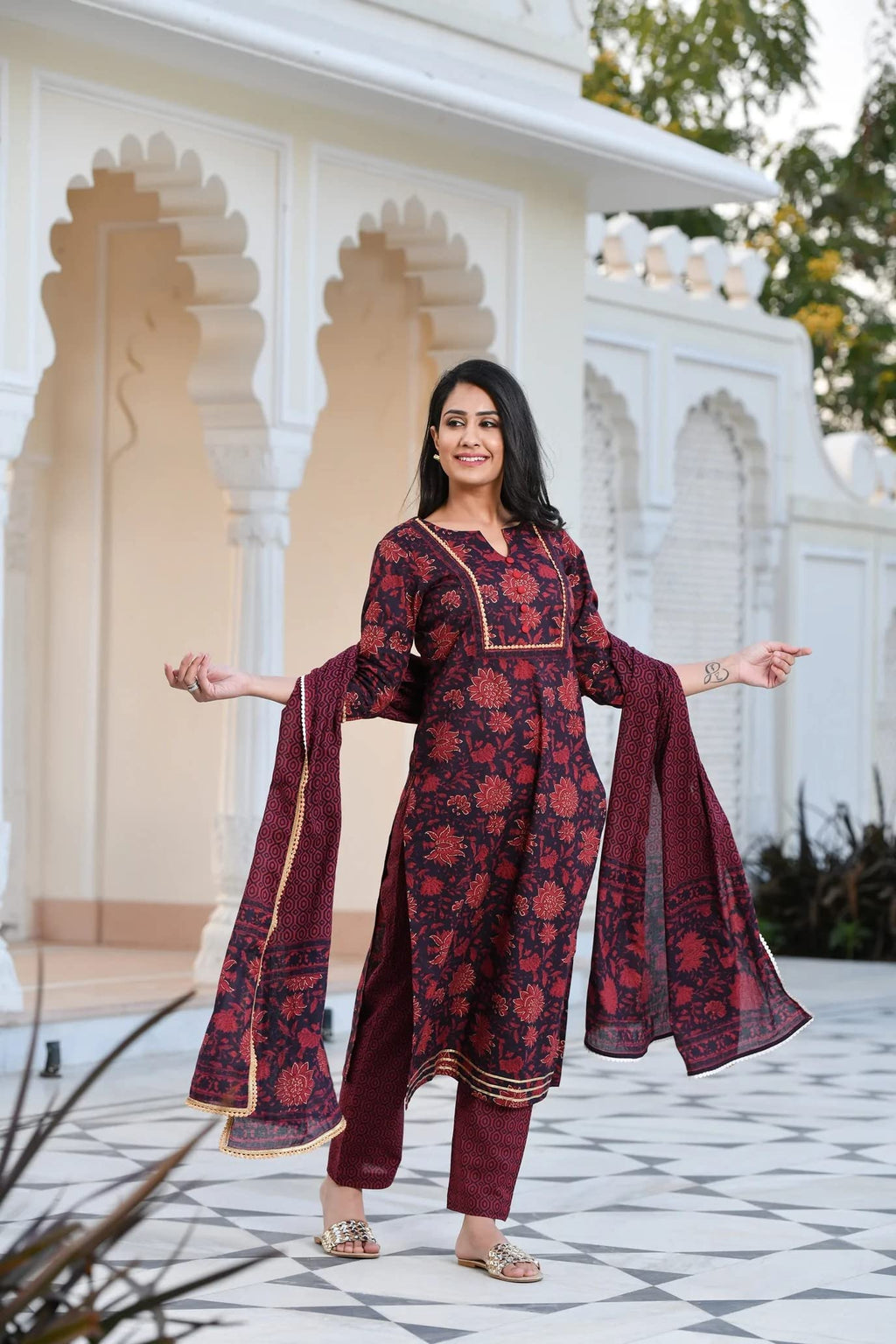 ANNI DESIGNER Womens Cotton Blend Straight Printed Kurta with Pant & Dupatta (Rapat Wine_XXL_Wine_XX-Large)