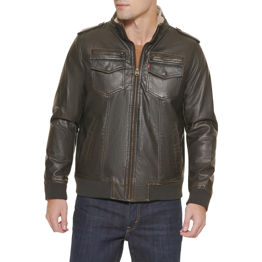 Levi's Men's Faux Leather Aviator Bomber Jacket (Regular & Big & Tall Sizes), Dark Brown/Sherpa Lined, XS