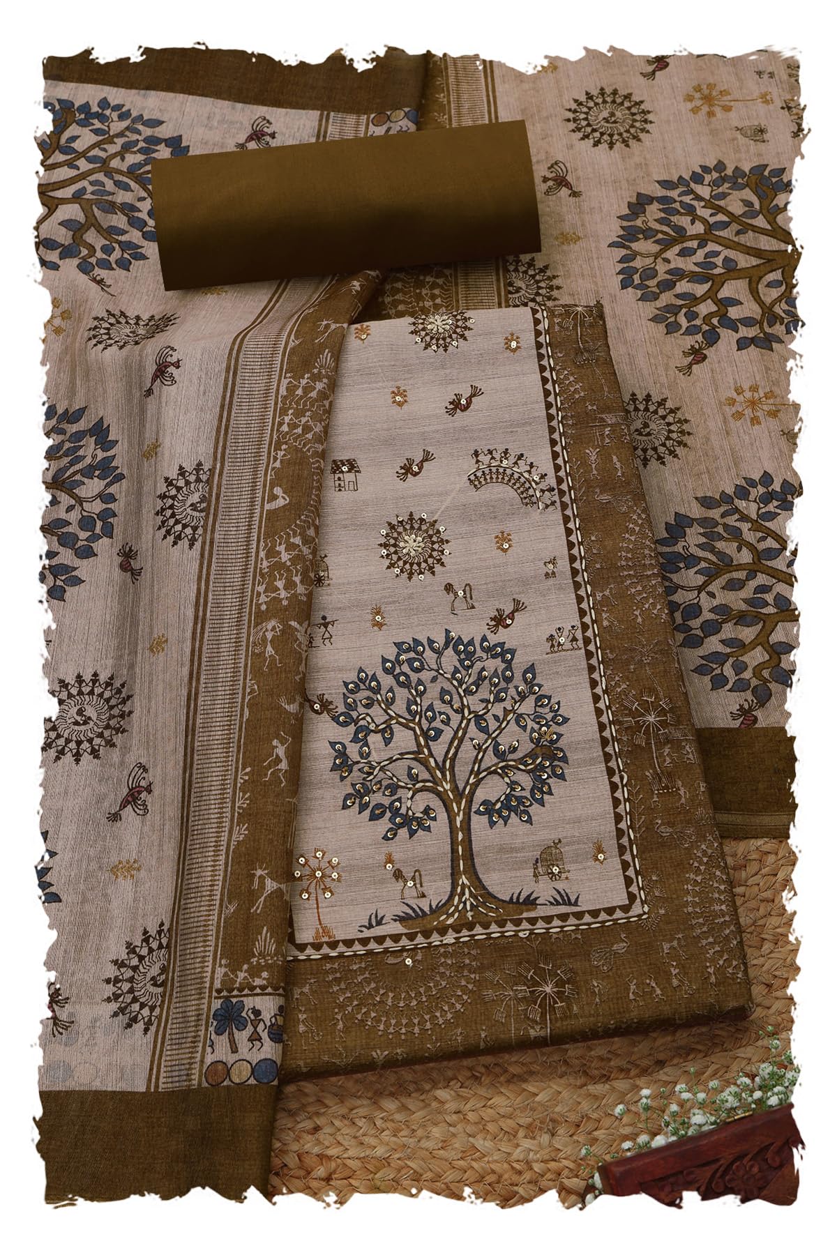 Soch Women Chanderi Warli Print Unstitched Dress Material with Sequins
