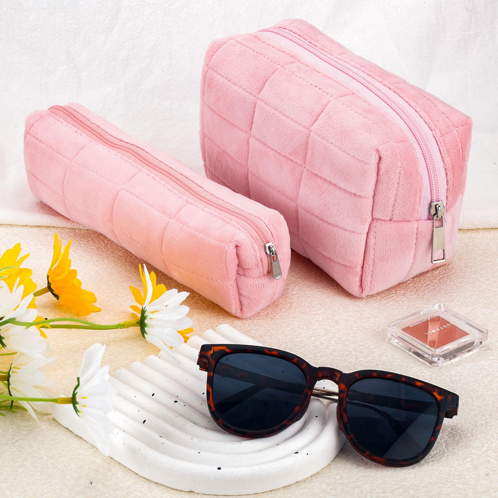 2Pcs Makeup Bag for Women Girls Pencil Pouch Travel Small Cosmetic Bag Set Cute Plush Pink Makeup Pouch Purse Pencil Case Pencil